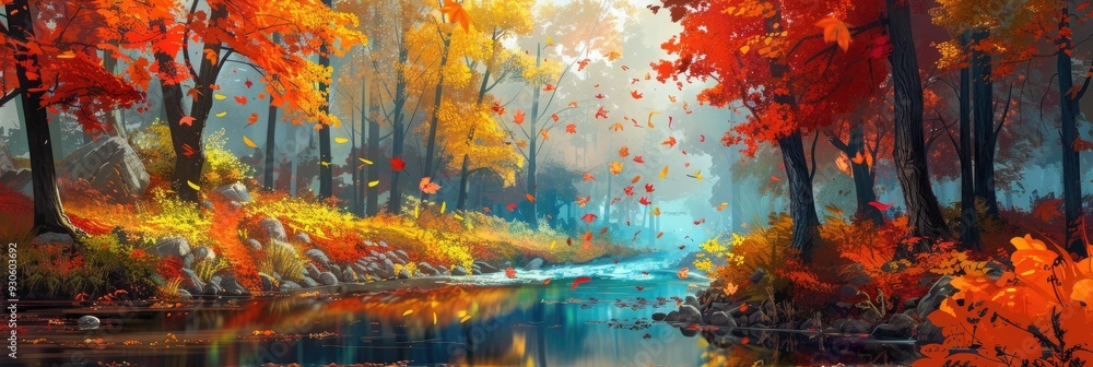 Naklejka premium A picturesque autumn landscape with colorful trees, falling leaves, and a gentle stream reflecting the vibrant foliage