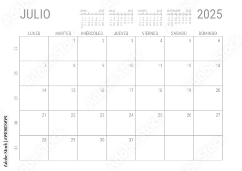 Julio Calendario 2025 Mensual para imprimir con numero de semanas A4	