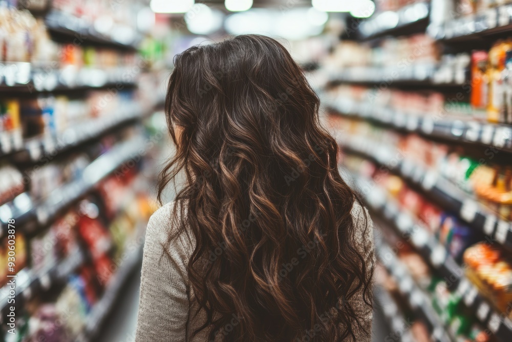 Woman shopping in grocery store aisle Woman shopping in grocery store aisle