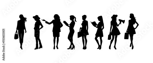Vector illustration. Black silhouette on white background. Set of busy women businesswomen.