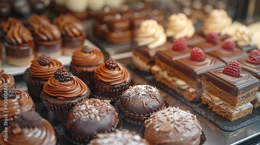 Chocolate pastries, cakes, and cookies in a bakery. Sweet, delectable dark cocoa treats, including tasty brown or black snacks and irresistible candy delights. Chocolate pastries, cakes, and cookies in a bakery. Sweet, delectable dark cocoa treats, including tasty brown or black snacks and irresistible candy delights.