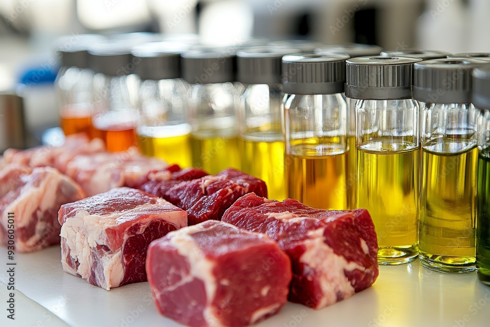 Laboratory scene with meat samples and vials of oils emphasizing the intersection of biotechnology food science and quality control in modern food production