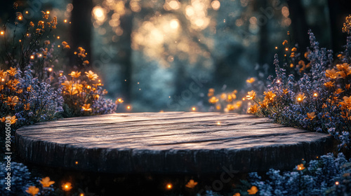 Fantasy Wooden Platform With Plants In Enchanted Forest At Night, Fantasy Wooden Podium Background, Product Display photo