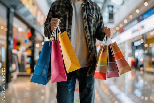 A man is holding shopping bags in his hand, walking through the mall He is wearing casual attire and has multiple colorful paper shopping bags on one arm Generative AI