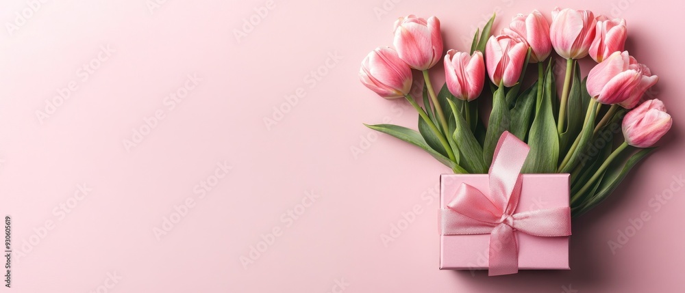 Obraz premium Mother's Day concept. stylish pink giftbox with ribbon bow and bouquet of tulips on isolated pastel background