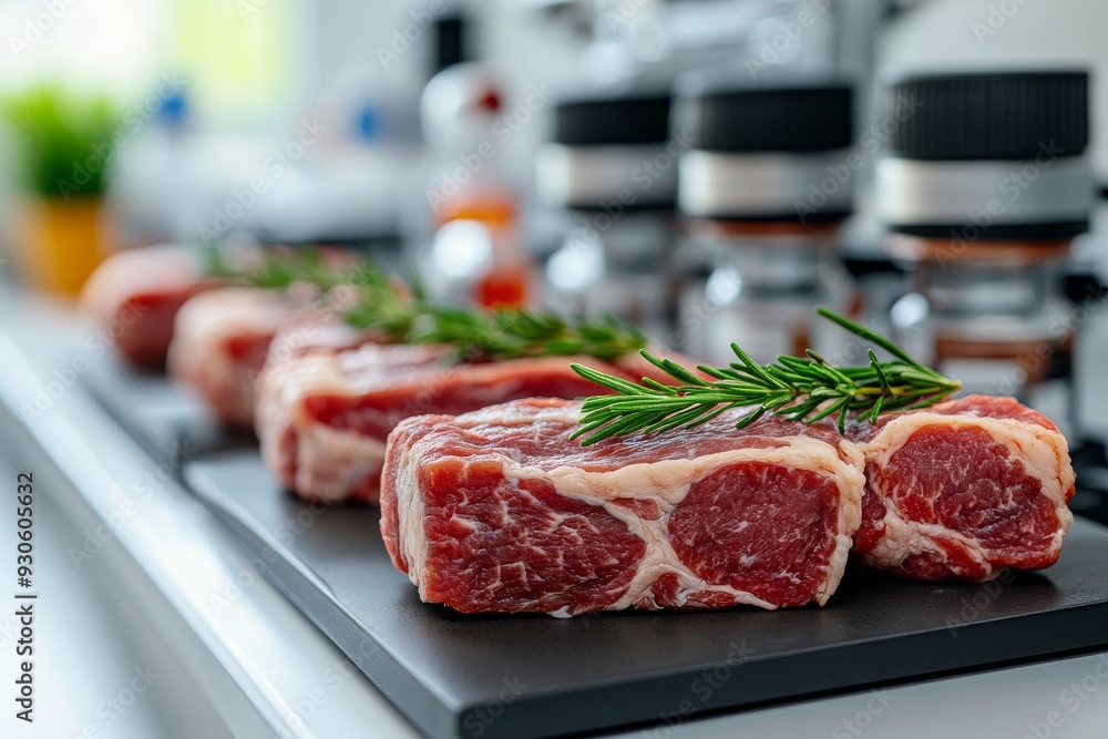 Raw gourmet steaks prepared on a kitchen counter highlighting the freshness quality and the precise culinary techniques involved in modern gourmet food preparation Raw gourmet steaks prepared on a kitchen counter highlighting the freshness quality and the precise culinary techniques involved in modern gourmet food preparation