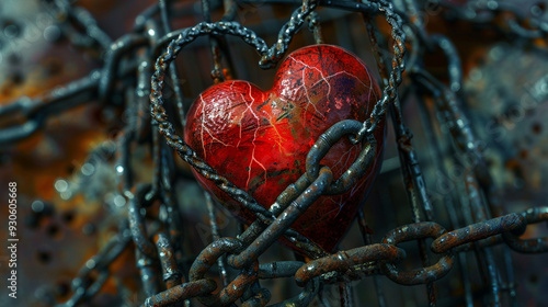 Wallpaper Mural A close-up of a heart enclosed in a metal cage, with chains wrapped around it, representing the physical sensations of anxiety and the feeling of being trapped. Torontodigital.ca