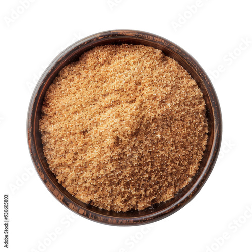 Brown sugar in a wooden bowl isolated on white background.