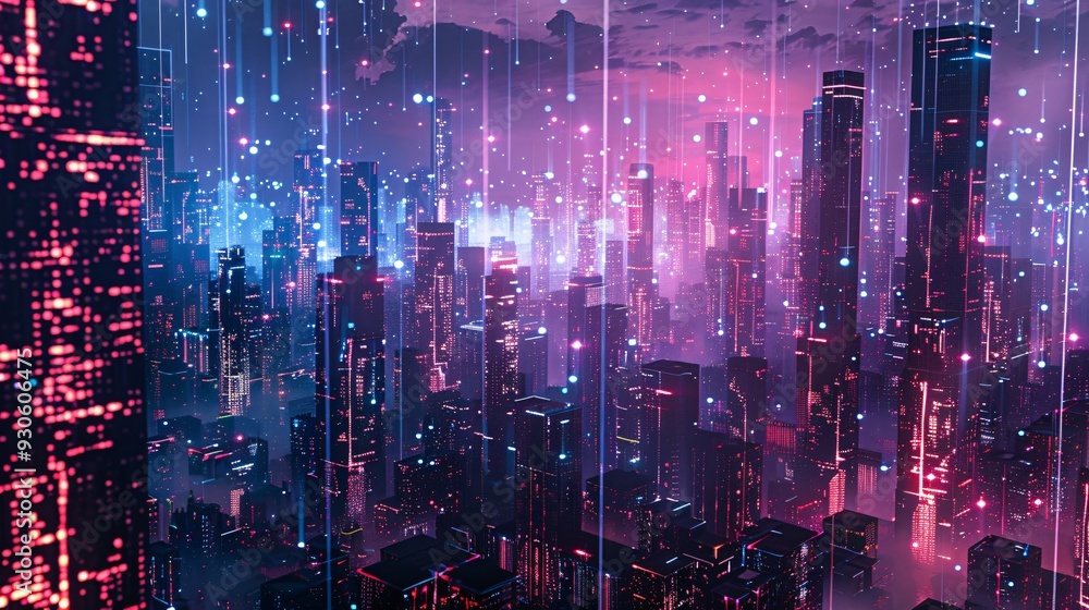Obraz premium Futuristic Cityscape with Neon Lights and Digital Rain