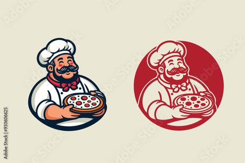 Cheerful Italian chef with pizza in his hands. Emblem, logo. Cafe, pizzeria, snack bar. Vector illustration