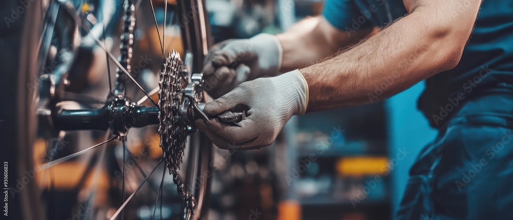 Fototapeta premium A Mechanic Repairing a Bicycle's Rear Derailleur