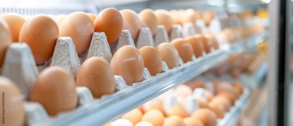 Fresh eggs neatly arranged on a shelf in a refrigerator, showcasing their natural brown hues and pristine quality. Fresh eggs neatly arranged on a shelf in a refrigerator, showcasing their natural brown hues and pristine quality.