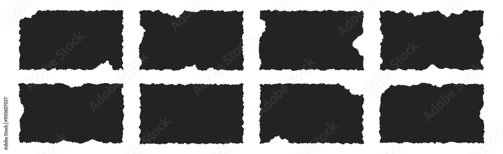Set of black grunge rectangle frames with jagged edges. Geometric rectangular form, simple shape silhouettes of old torn paper pieces or strips. Cardboard ripped sheets or page tear with wavy edge. Set of black grunge rectangle frames with jagged edges. Geometric rectangular form, simple shape silhouettes of old torn paper pieces or strips. Cardboard ripped sheets or page tear with wavy edge.
