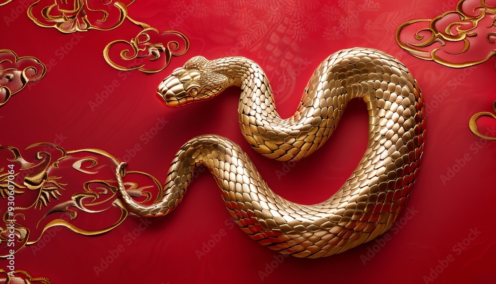 photo depicting a golden snake set against a bold red backdrop, commemorating the Chinese New Year photo depicting a golden snake set against a bold red backdrop, commemorating the Chinese New Year