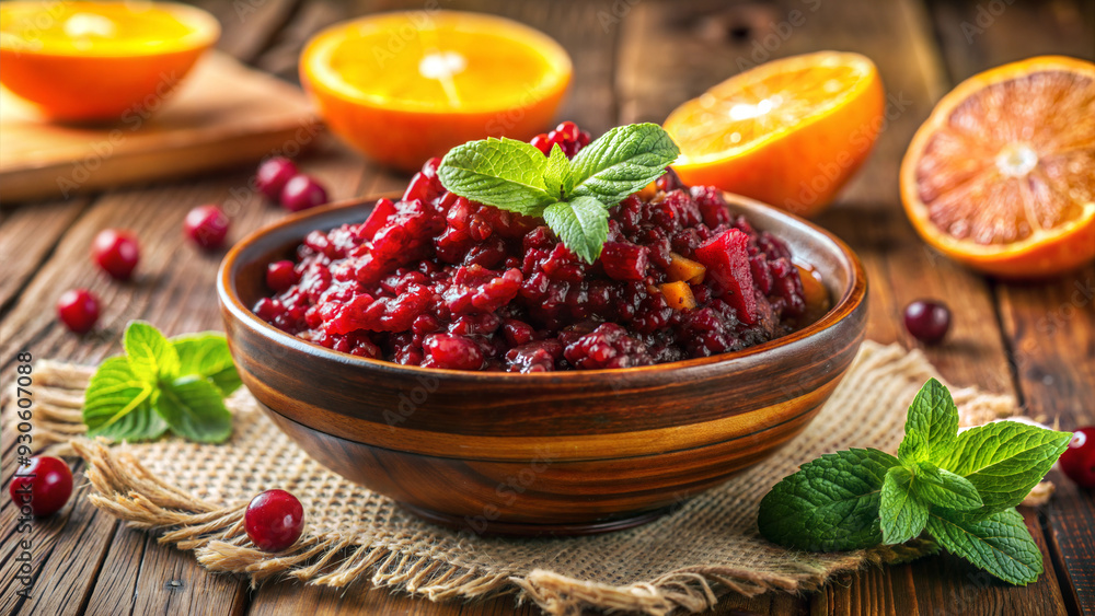 Vibrant Red Cranberry Relish in Rustic Bowl with Fresh Ingredients Vibrant Red Cranberry Relish in Rustic Bowl with Fresh Ingredients