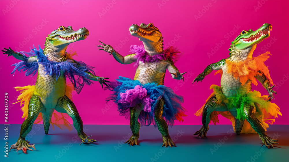 Three crocodiles in vibrant dance costumes pose against a pink and blue background, creating an eccentric and fun image