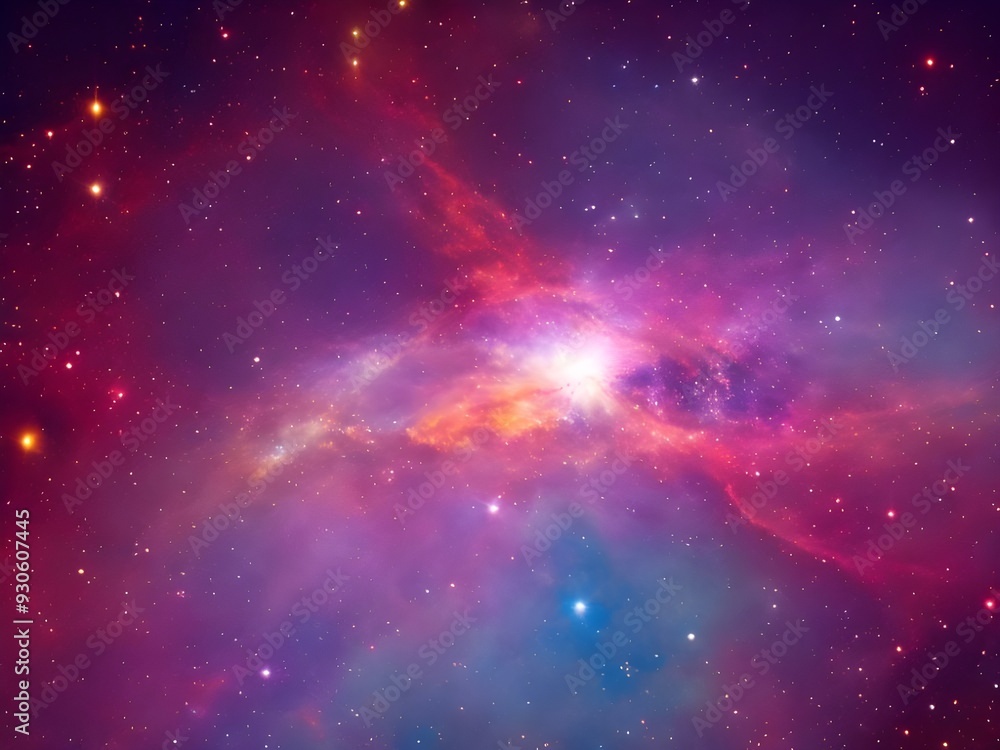 Naklejka premium Vibrant Cosmic Nebula with Colorful Light Beams and Starry Background in Deep Space 