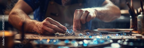 depicting a master jeweler at work, expertly setting gems into a sapphire diamond ring photo