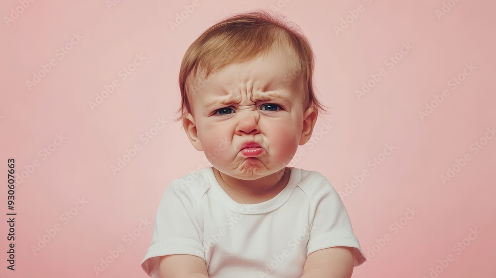 Toddler baby displaying frustration and sadness on pink studio background, showing negative emotions Toddler baby displaying frustration and sadness on pink studio background, showing negative emotions