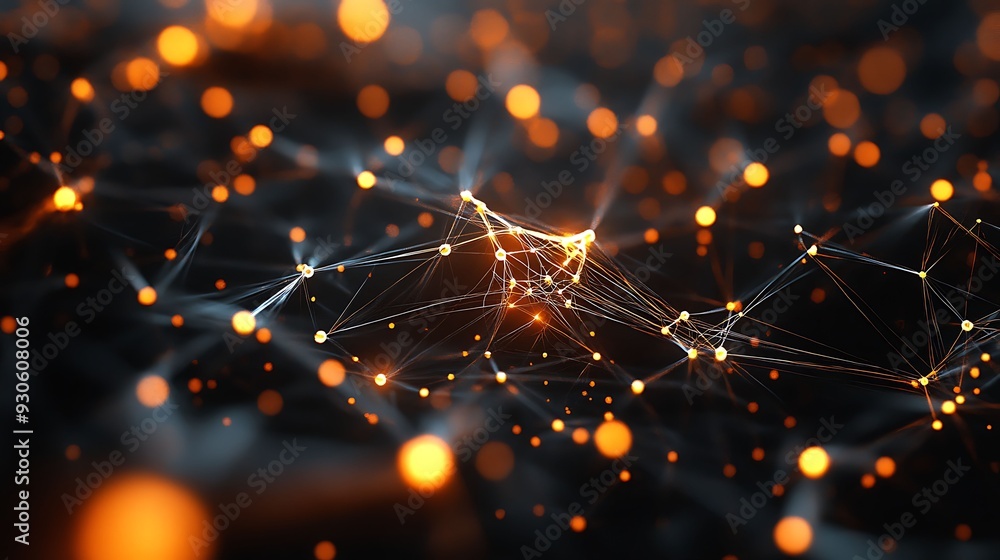 Abstract depiction of a neural network with glowing orange nodes ...