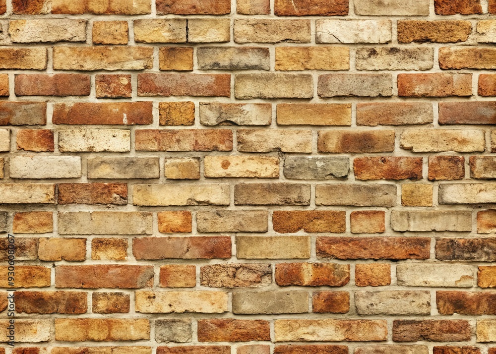 Obraz premium A rustic, neutral-toned seamless brick wall texture with worn, weathered mortar and slight discoloration, perfect for architectural or design backgrounds.