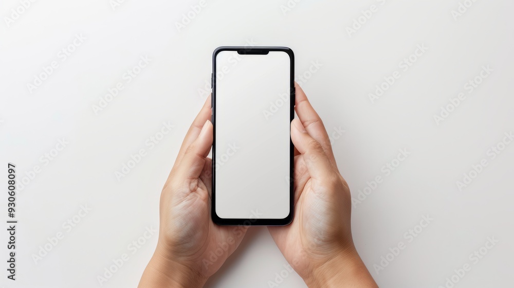 Closeup two hands holding black smartphone with blank screen on white background Closeup two hands holding black smartphone with blank screen on white background