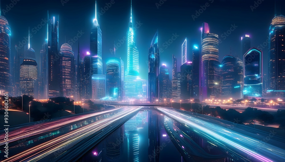 Fototapeta premium futuristic cyberpunk cityscape with glowing neon skyscrapers, digital reflections in water, high-tech metropolis at night, sci-fi inspired urban skyline, advanced architectural design