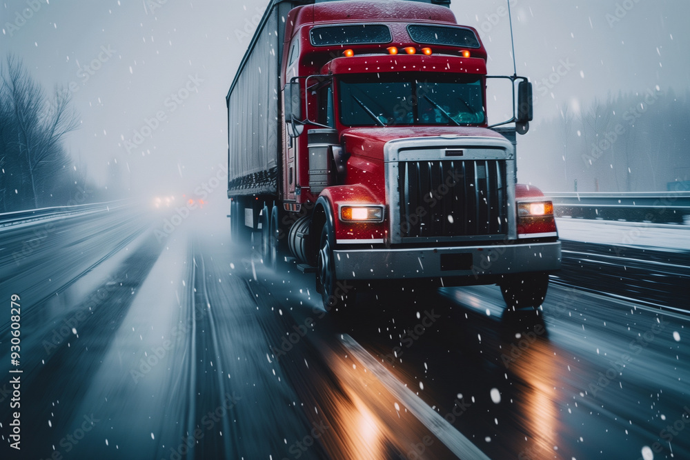 Red Truck Navigating Snowy Highway in Winter Conditions Red Truck Navigating Snowy Highway in Winter Conditions