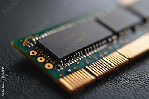 Detailed macro shot of a green circuit board with a microprocessor chip highlighting the complexity of modern electronics and advanced digital components