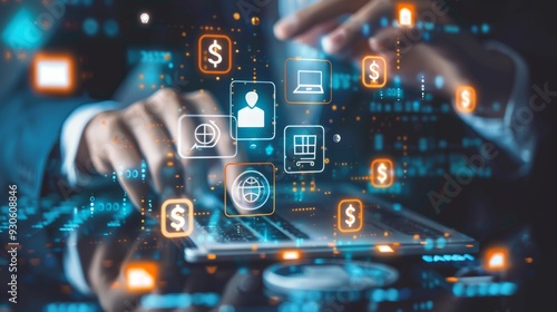 Digital Banking and Financial Technology Concept. A person presents digital banking and financial technology icons, and currency symbols, emphasizing modern online payment systems and e-commerce