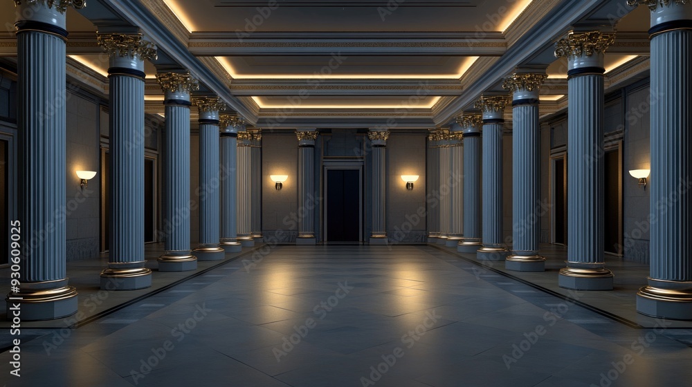 Warm light gently illuminates a dark circular room, highlighting the intricate details of Greek-style columns and casting soft shadows across the floor Warm light gently illuminates a dark circular room, highlighting the intricate details of Greek-style columns and casting soft shadows across the floor