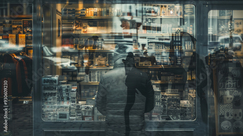 A person looking into the window of a pawnshop, seeing their reflection distorted by the items inside, representing the loss of self due to addiction. photo