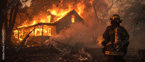 Firefighter in protective gear standing in front of burning house photo