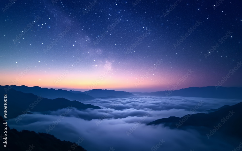 Fototapeta premium A serene mountain landscape at dusk with a starry sky and clouds below.