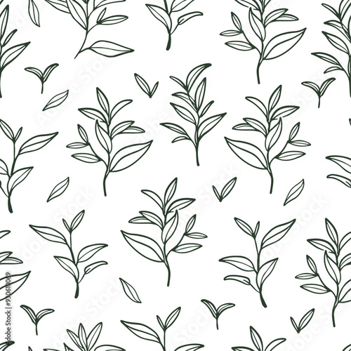 Green Tea leaves on white background. Hand drawn branches and leaves seamless pattern.