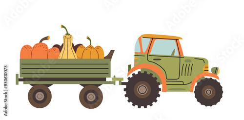 Tractors with trailer full of pumpkins. Harvest season seamless pattern. Thanksgiving decor elements on green backdrop. Autumn farm Background. 