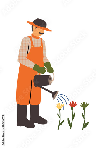 Gardener watering flowers. Farmer in orange overalls and hat with a watering can. Vector flat illustration.