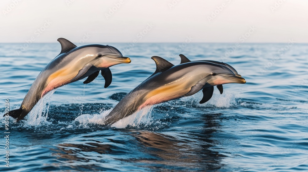 Obraz premium Two playful dolphins leap joyfully from the shimmering ocean waters, showcasing their grace and beauty in a stunning marine environment.