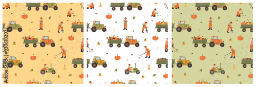 Set of Tractors and Farmer Patterns. Thanksgiving decor elements. Autumn farm Background. Harvest season. Agricultural Labor Backdrop.