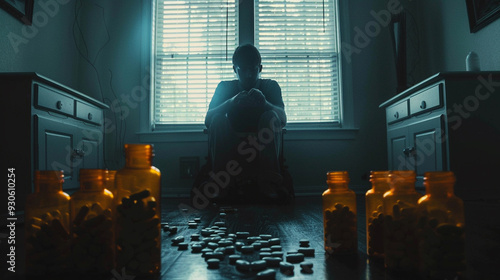 A person surrounded by empty pill bottles in a dimly lit room, symbolizing dependency and the endless cycle of addiction. photo