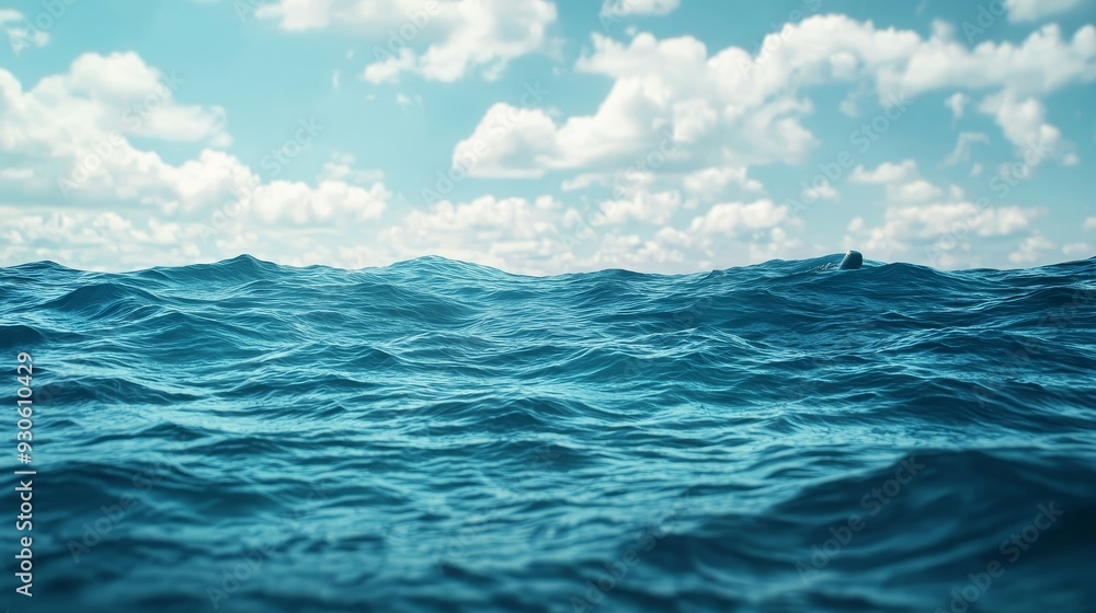 Fototapeta premium Vast blue ocean with white fluffy clouds in a clear sky.