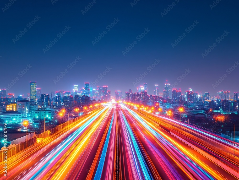Fototapeta premium Vibrant cityscape at night with dynamic light trails, showcasing a modern urban landscape filled with energy and movement.
