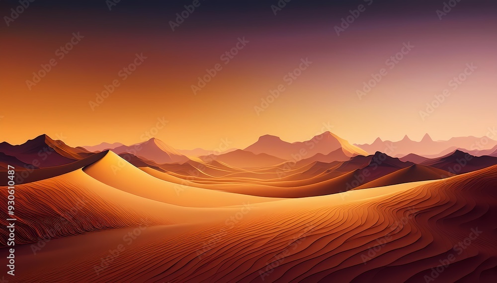 Naklejka premium Desert Dusk background - gradient illustration of desert landscape from deep amber to soft violet color palette. Graphic art illustration banner