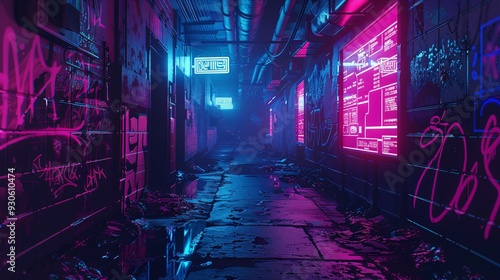 Cyberpunk City Alleyway with Neon Lights and Graffiti