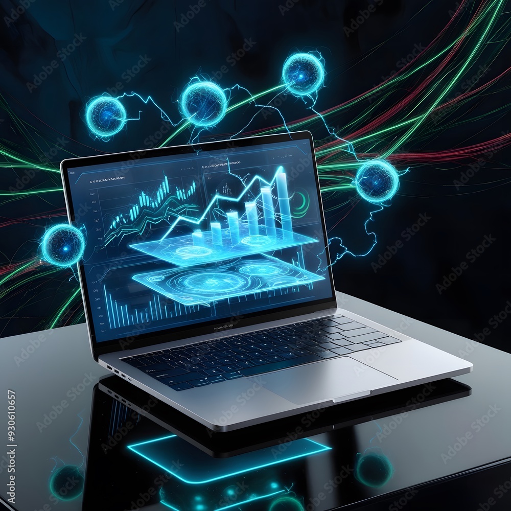 High-tech digital Data analysis on a glowing laptop screen,Generative Ai High-tech digital Data analysis on a glowing laptop screen,Generative Ai