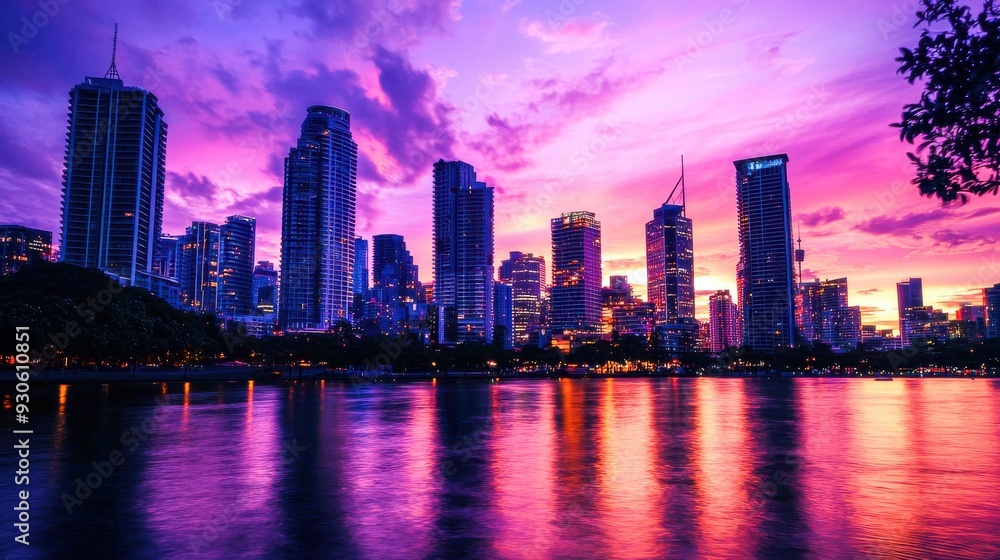 Captivating urban landscape at sunset with skyscrapers silhouetted against a vibrant sky. The river reflects the sunset colors Captivating urban landscape at sunset with skyscrapers silhouetted against a vibrant sky. The river reflects the sunset colors