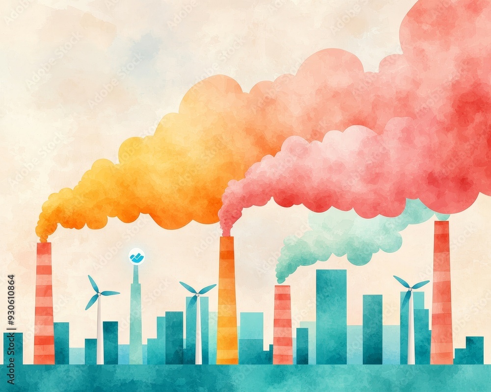 Fototapeta premium Watercolor illustration of a cityscape with smoke stacks emitting colorful smoke.