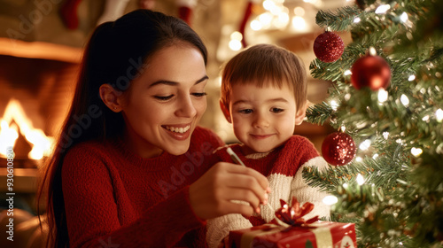 A woman and child opening a present together near christmas tree, AI