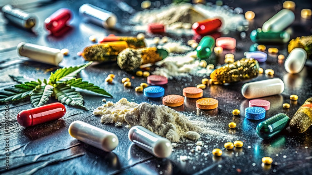 custom made wallpaper toronto digitalA shallow focus close-up of various illegal drugs, including pills, powders, and marijuana, scattered on a dirty surface, conveying the dangers of substance abuse.