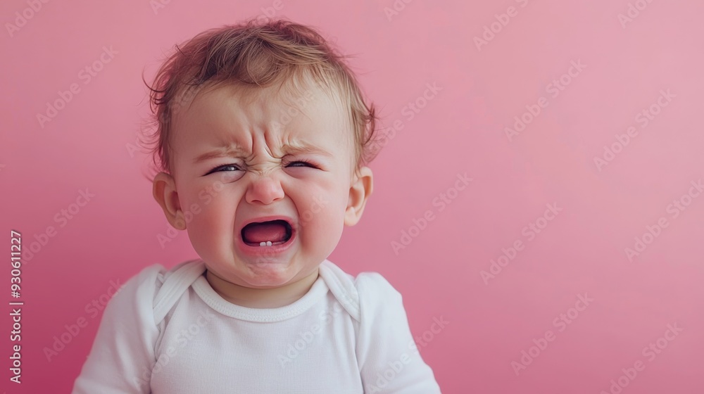 Distressed toddler displaying hunger and frustration on pink background in studio setting Distressed toddler displaying hunger and frustration on pink background in studio setting